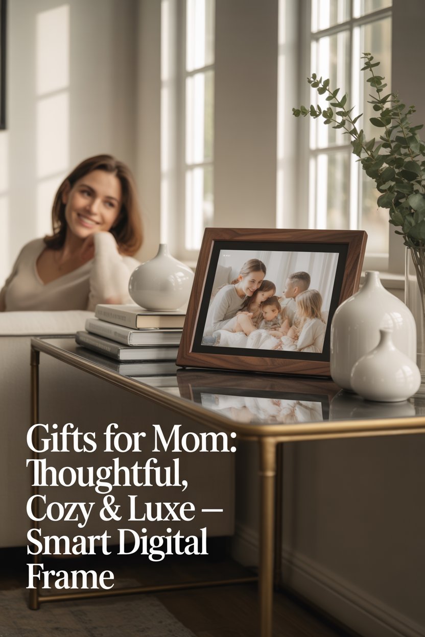 A slim walnut-finish frame cycles family photos in crisp HD, surrounding her with memories.