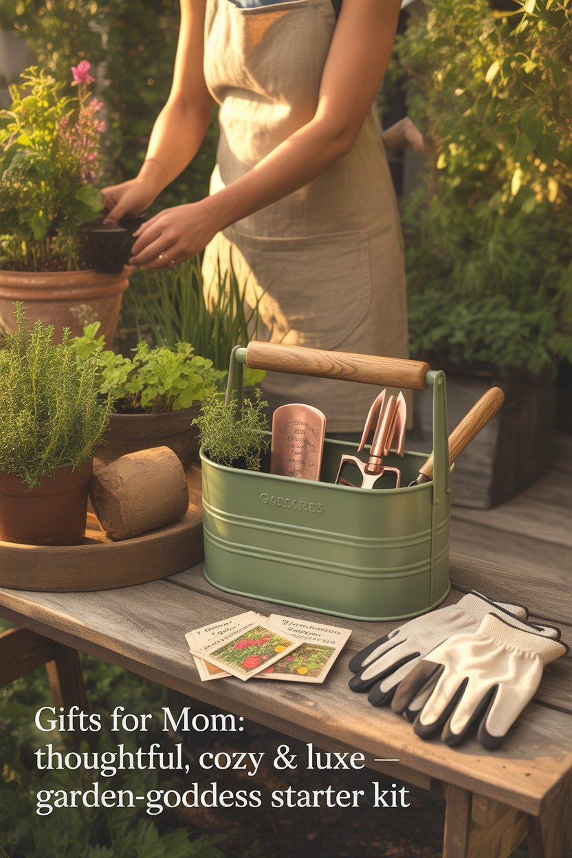 A matte-sage tool caddy, copper-handled trowel, and heirloom seed packets turn her patio into Eden.
