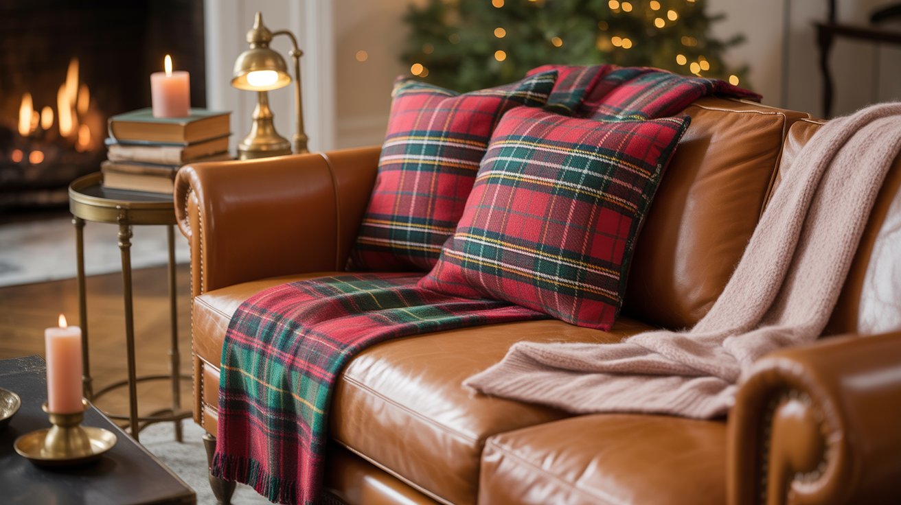  A rich leather sofa or armchair paired with a tartan throw instantly sets the tone.