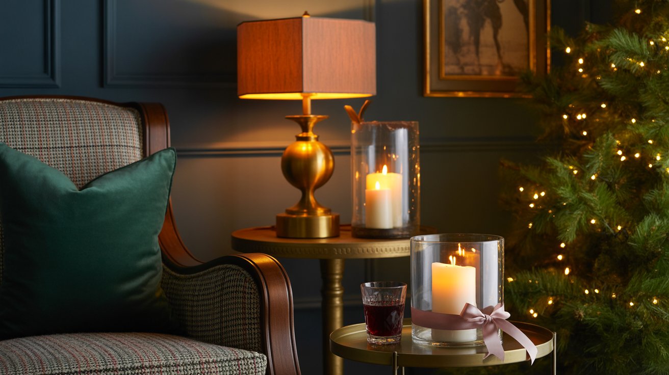 Combine table lamps, wall sconces, candles, and the glow of the Christmas tree for that amber warmth Ralph Lauren interiors are known for.