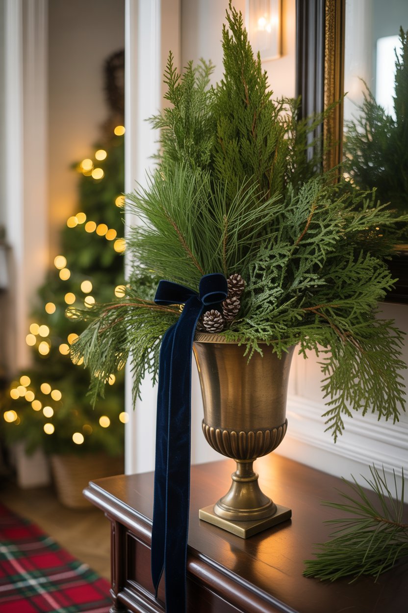 Fill a tall brass urn with fresh cedar or faux long-needle pine and let branches spill asymmetrically.