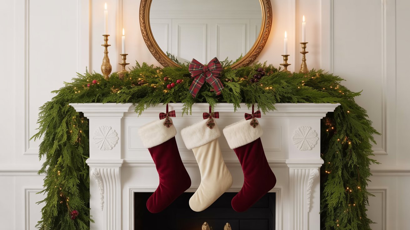 The mantel is your moment. Go for classic greenery, metallic accents, and old-world charm.