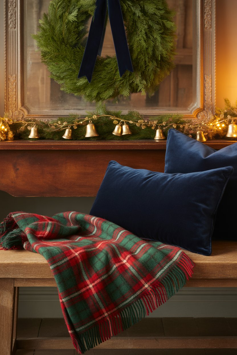 Drape a wool plaid throw over the bench and add a velvet lumbar pillow in midnight navy. The interplay of napped wool and plush velvet oozes fireside luxury.