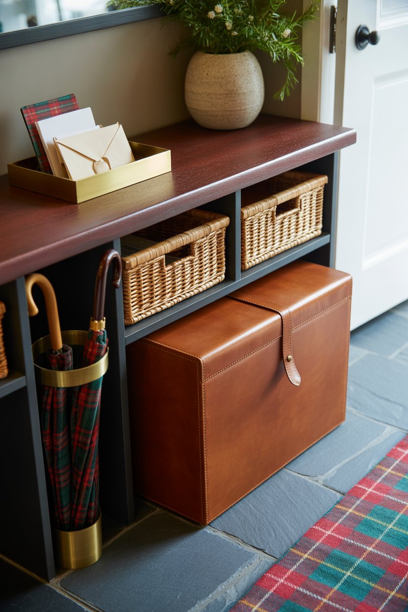 Hide life’s clutter in style: woven seagrass baskets for shoes, leather-trimmed bins for gloves, and a brass tray for holiday cards.