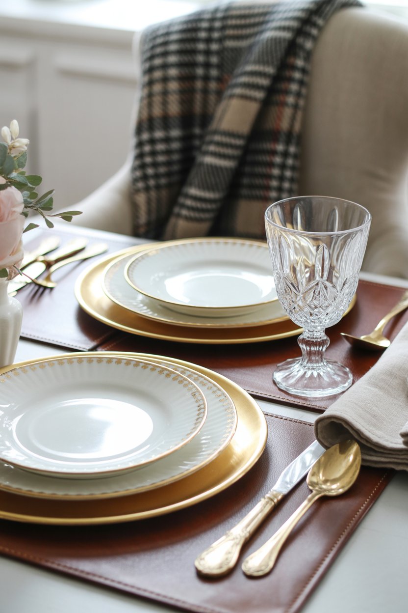 This look thrives on a mix of tactile elements — linen, wool, brass, glass, and leather