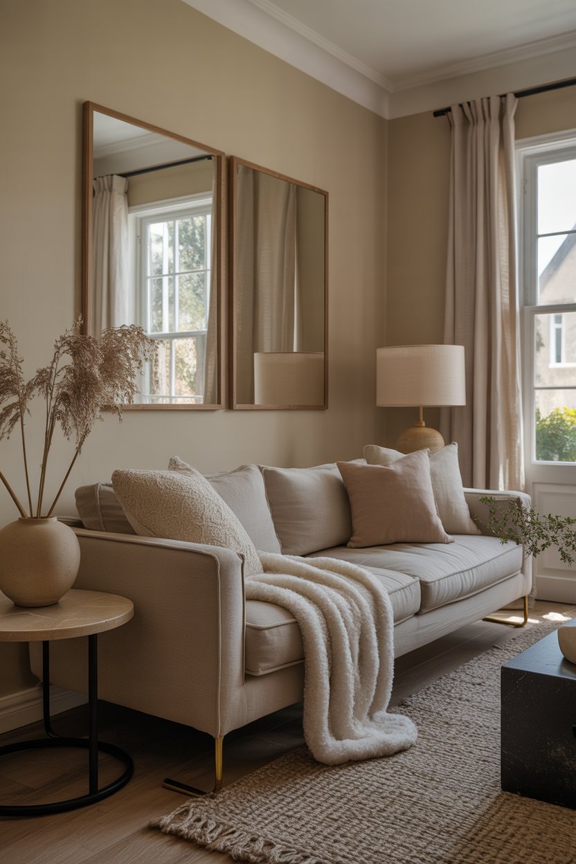 Think creamy oatmeal walls, taupe upholstery, and inky black accents that ground the room.