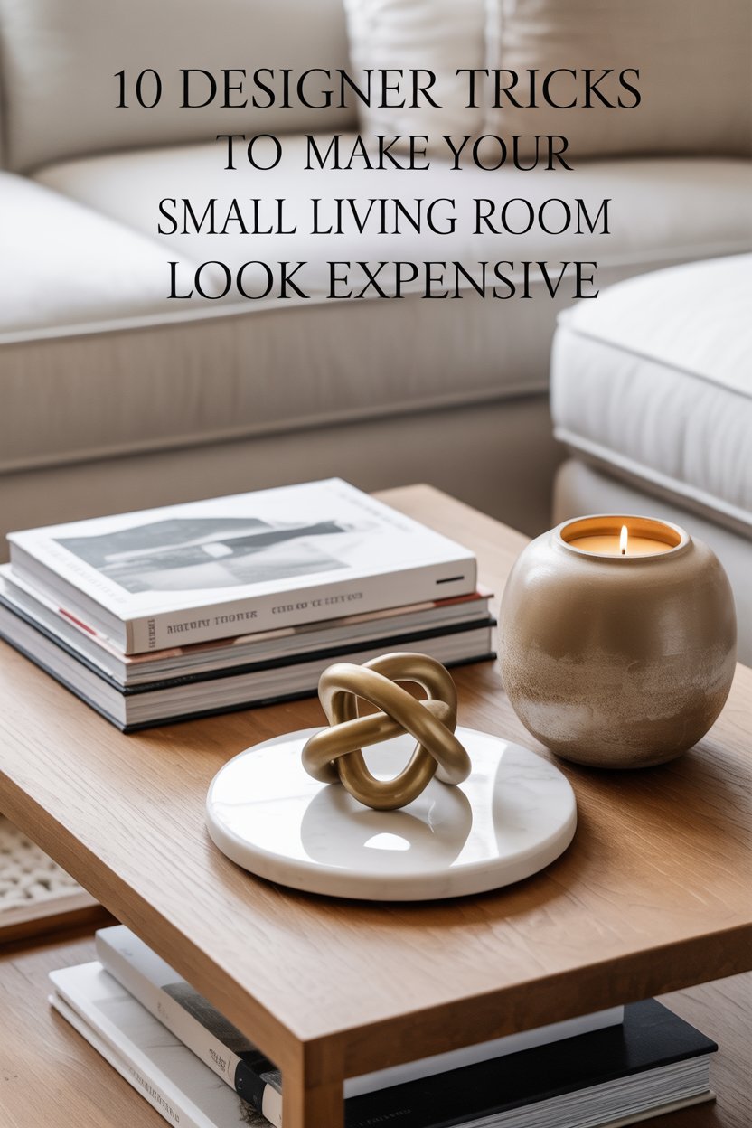 Finish with three-piece vignettes: a coffee-table book stack, a scented candle in matte ceramic, and a brass knot sculpture.