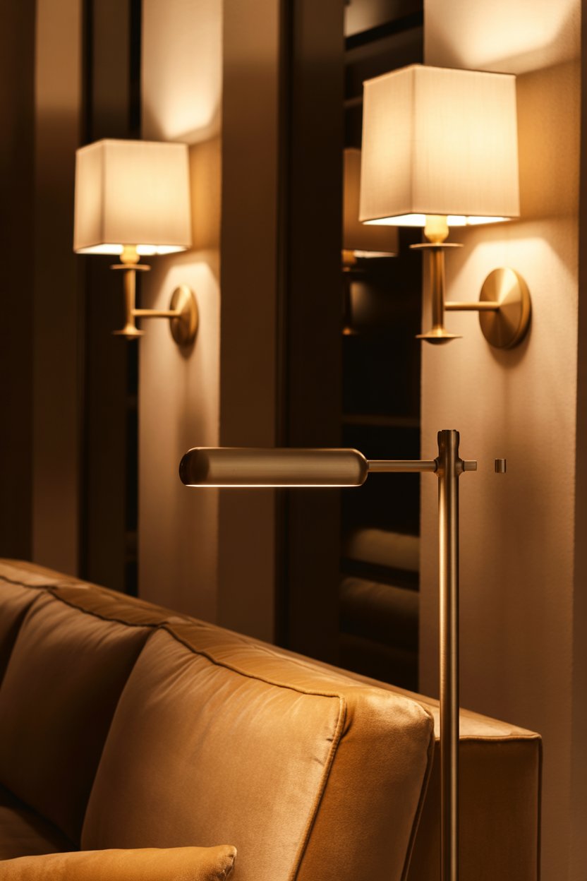 Swap builder-basic fixtures for brass or aged gold lighting that casts a soft 2700-3000K glow.