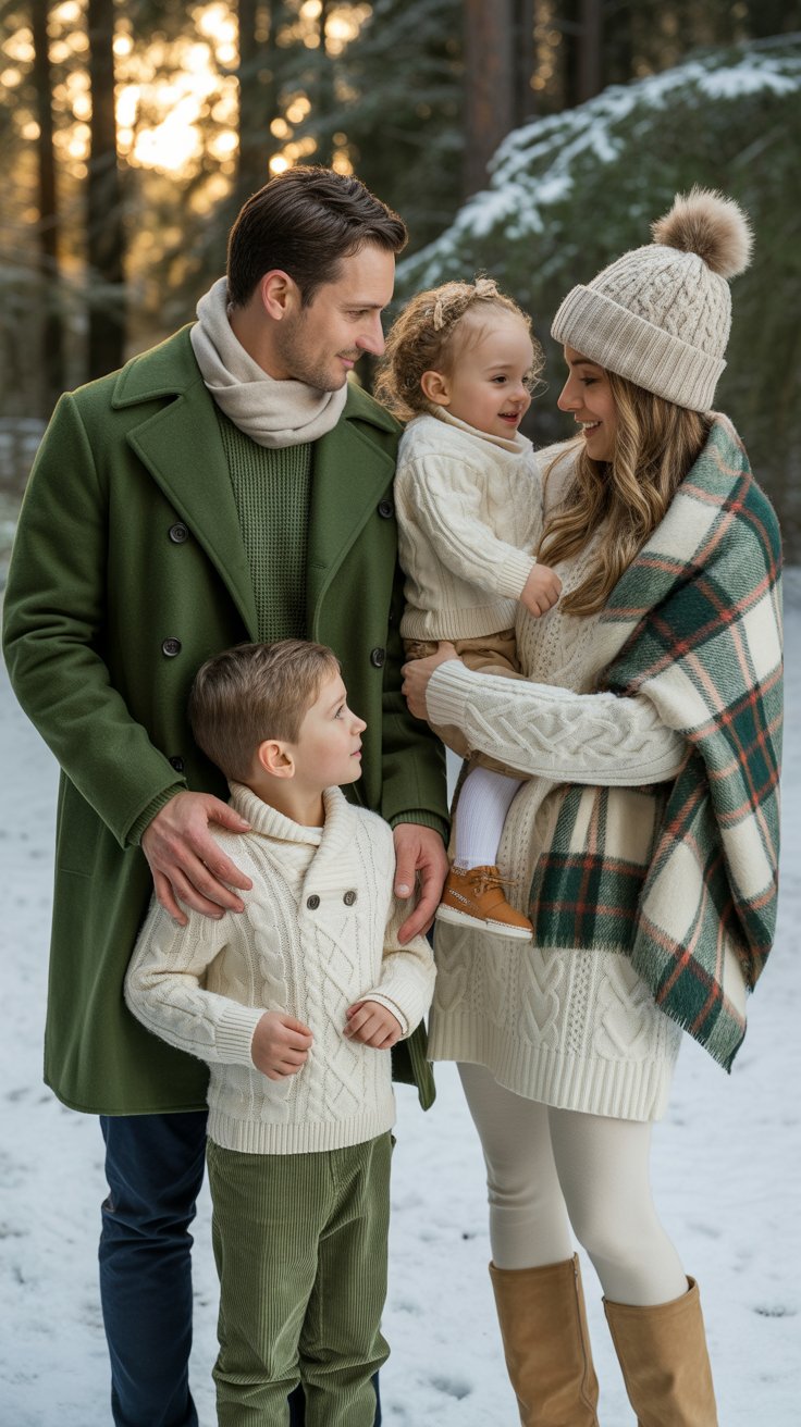Deep evergreen pops beautifully against snow, while creamy knits soften the palette and keep things timeless.
