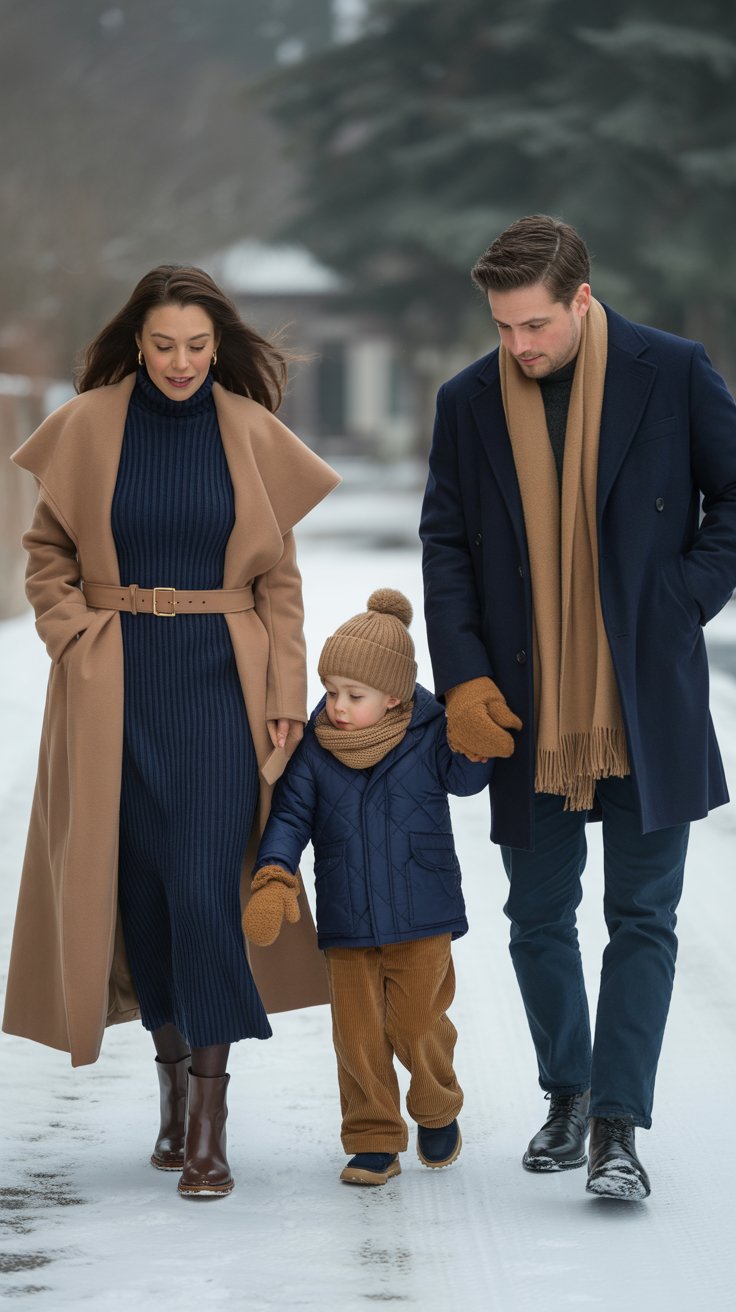 Navy grounds the photo while camel adds warm richness. Think Mom in a camel wrap coat over a navy turtleneck midi, Dad in a navy wool overcoat with camel scarf, and littles wearing camel cord joggers and navy parkas.