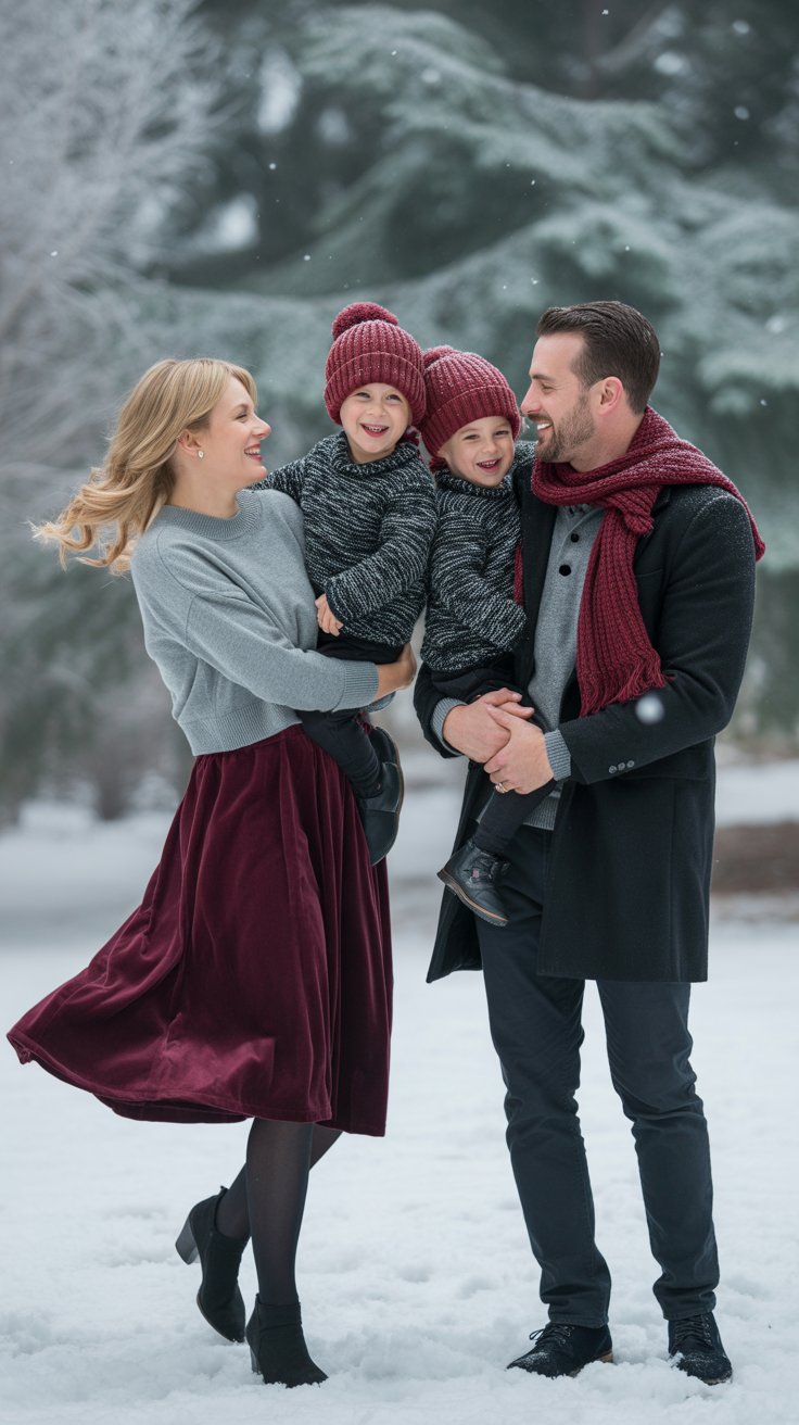 Dress Dad in a charcoal henley and overcoat, Mom in a cranberry velvet midi skirt and gray cashmere sweater, and kids in charcoal knits with cranberry beanies.