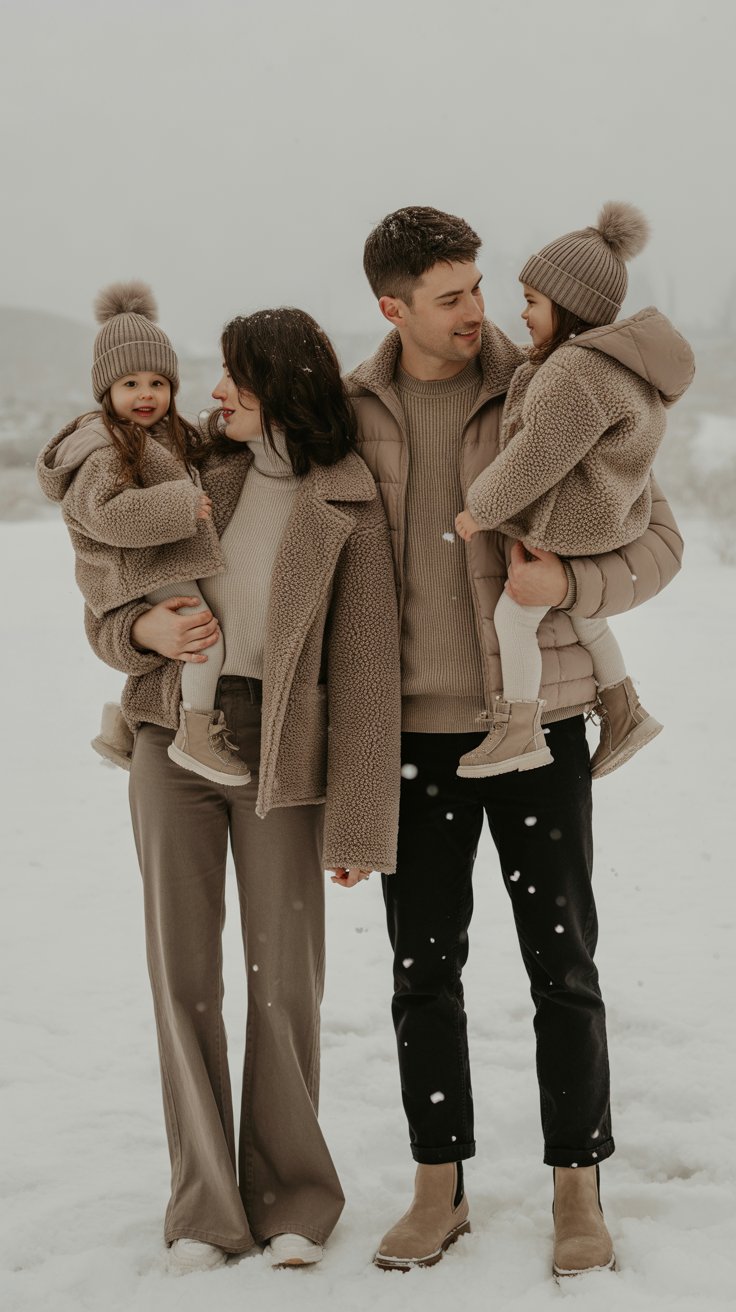 If you love that airy, editorial vibe, layer shades of taupe, oatmeal, and sand. Mom glows in a taupe teddy-bear coat, Dad keeps it sleek in an oatmeal rib-knit sweater and slim chinos, and children twin in fuzzy sherpa jackets.