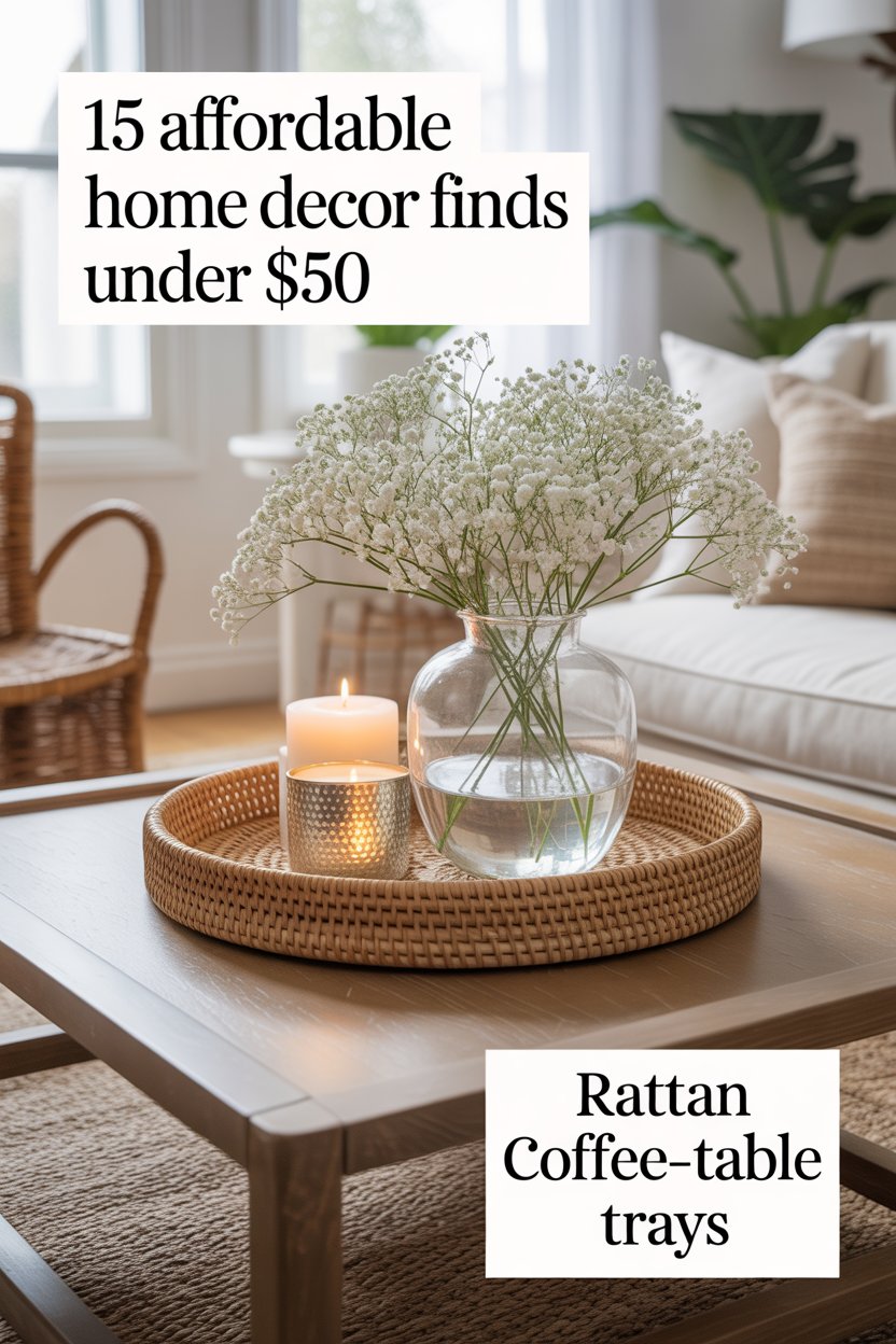 Corral candles, remotes, and blooms in a textured rattan or sleek faux-marble tray.