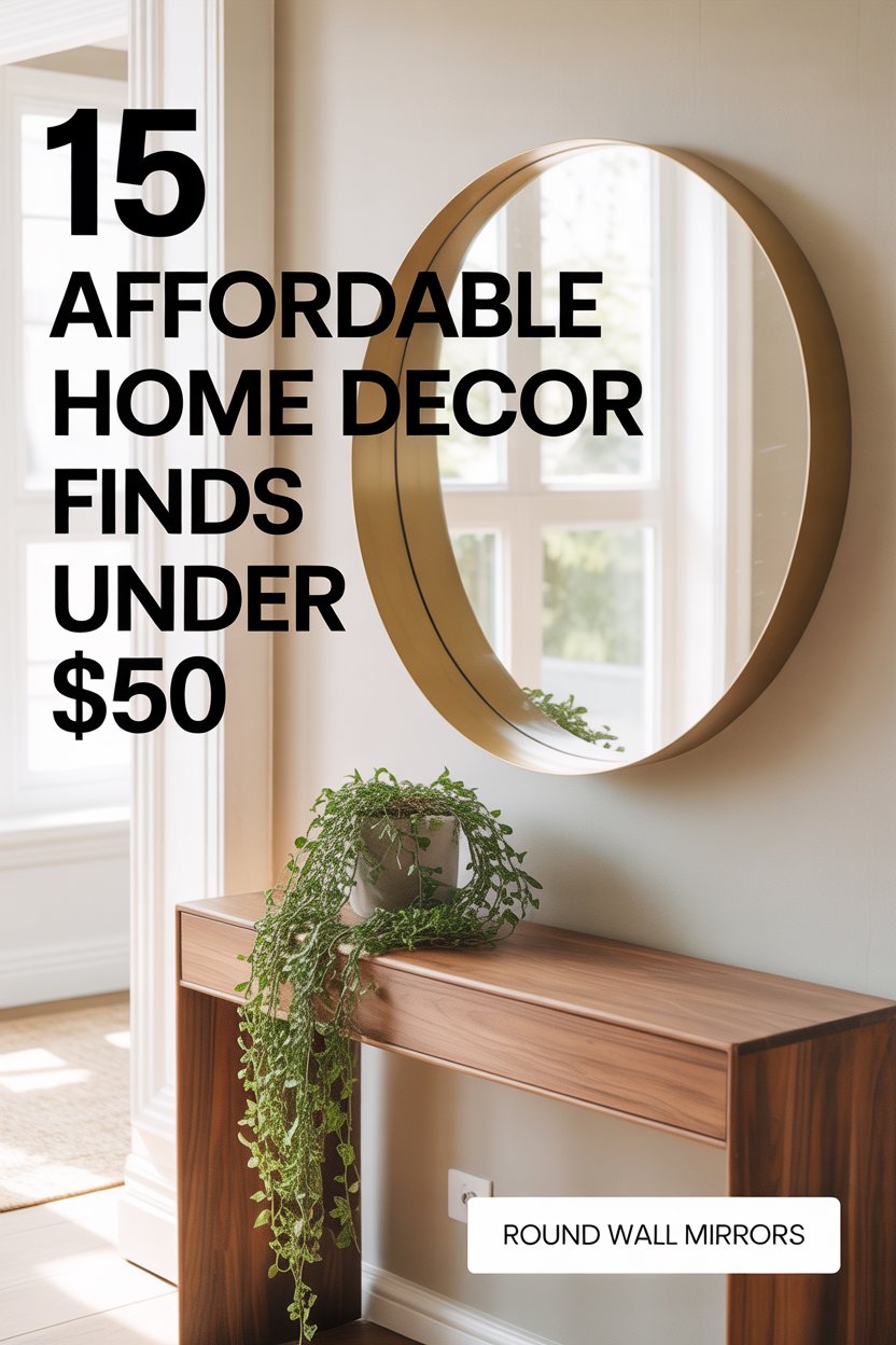 A slender-framed 24″ round mirror softens boxy furniture and bounces light across the room. 