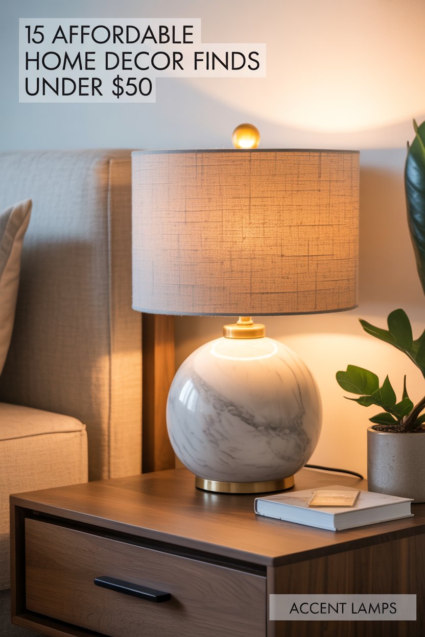 A marble-look base with a linen shade instantly upgrades nightstands or consoles