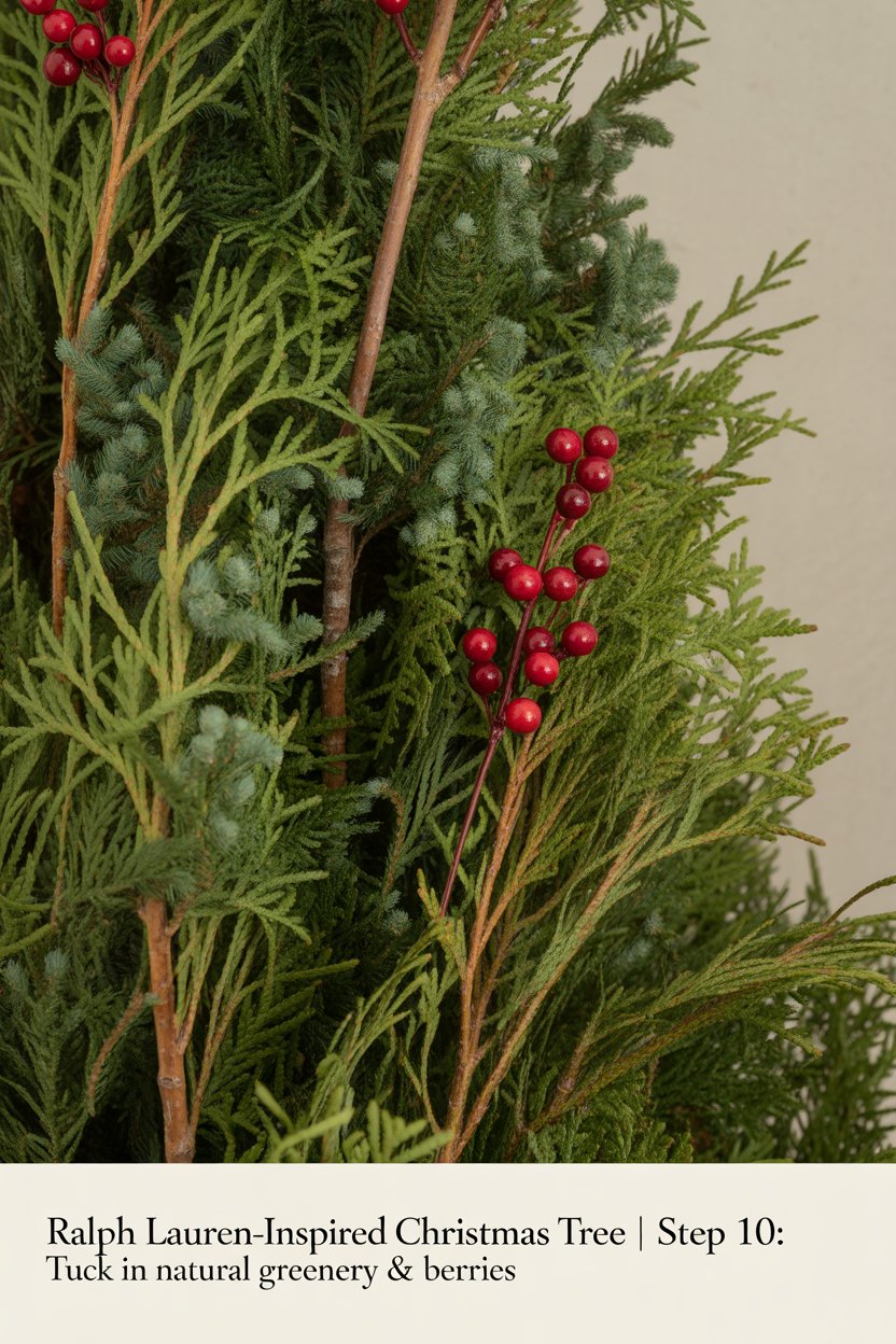 Juniper, cedar, and red berry picks break up symmetry. Angle stems downward for organic flow.