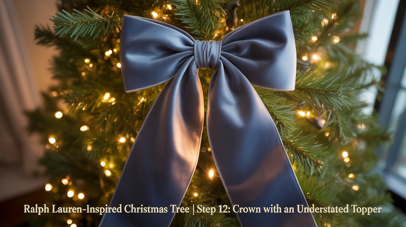 Wide navy-velvet bow tree topper against glowing lights, cinematic framing, overlay “RALPH LAUREN-INSPIRED CHRISTMAS TREE | STEP 12: CROWN WITH AN UNDERSTATED TOPPER” ivory serif bottom-center --ar 4:5