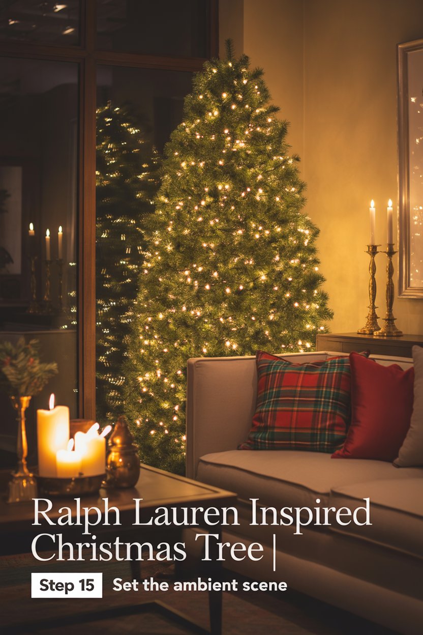 Layer plaid pillows, brass candlesticks, and a pine-balsam diffuser nearby