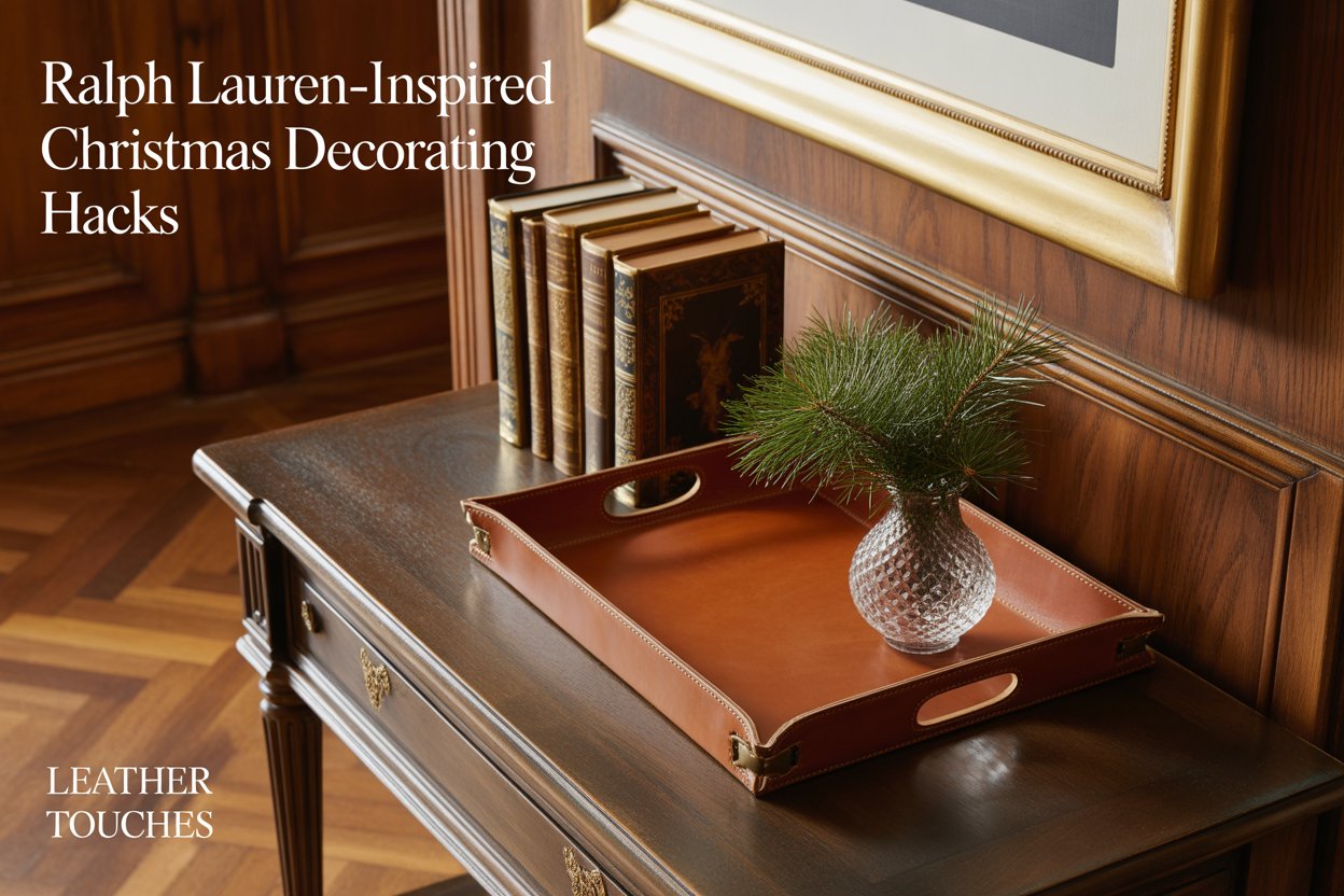 Small saddle-brown leather touches—think tray, picture frame, or books—ground the festive red-green palette.