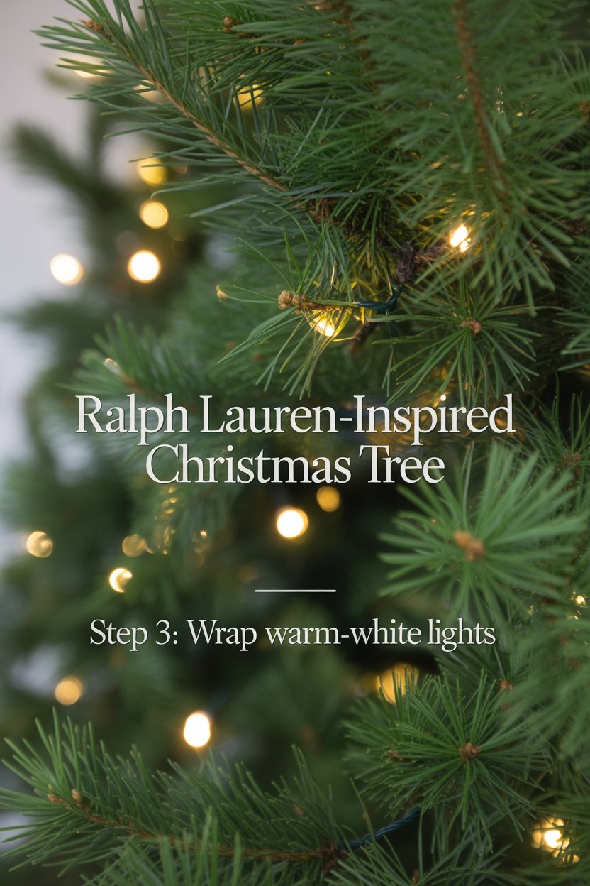 Tuck lights at the trunk first for inner glow, then spiral out; plan 100 bulbs per foot.