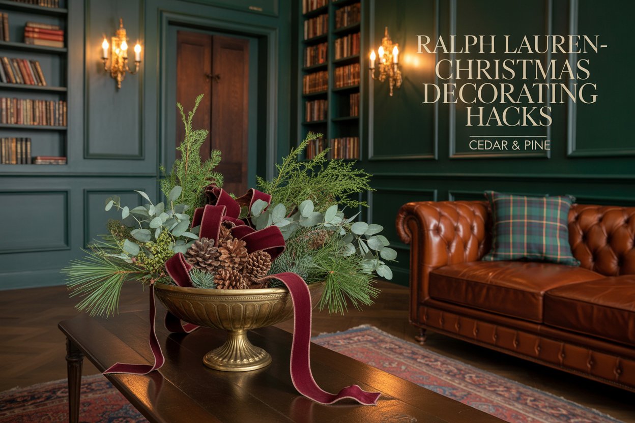 Skip plastic berries and weave fresh (or realistic faux) cedar, pine, and eucalyptus in brass vases or leather-wrapped cachepots.