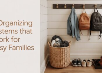 Modern camel and black family mudroom with organizing accents and title text overlay.