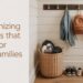 Modern camel and black family mudroom with organizing accents and title text overlay.