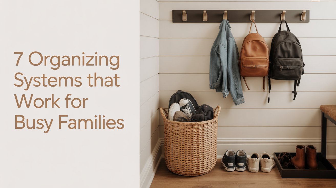 Modern camel and black family mudroom with organizing accents and title text overlay.