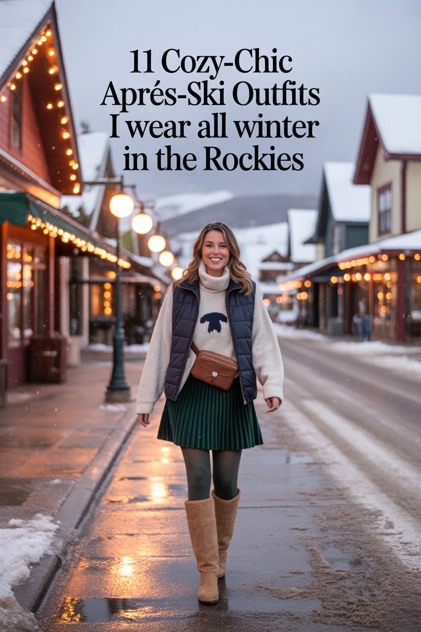 I pull on a forest-green pleated wool mini, opaque fleece tights, and cinch the vest with a chocolate belt bag worn cross-body.