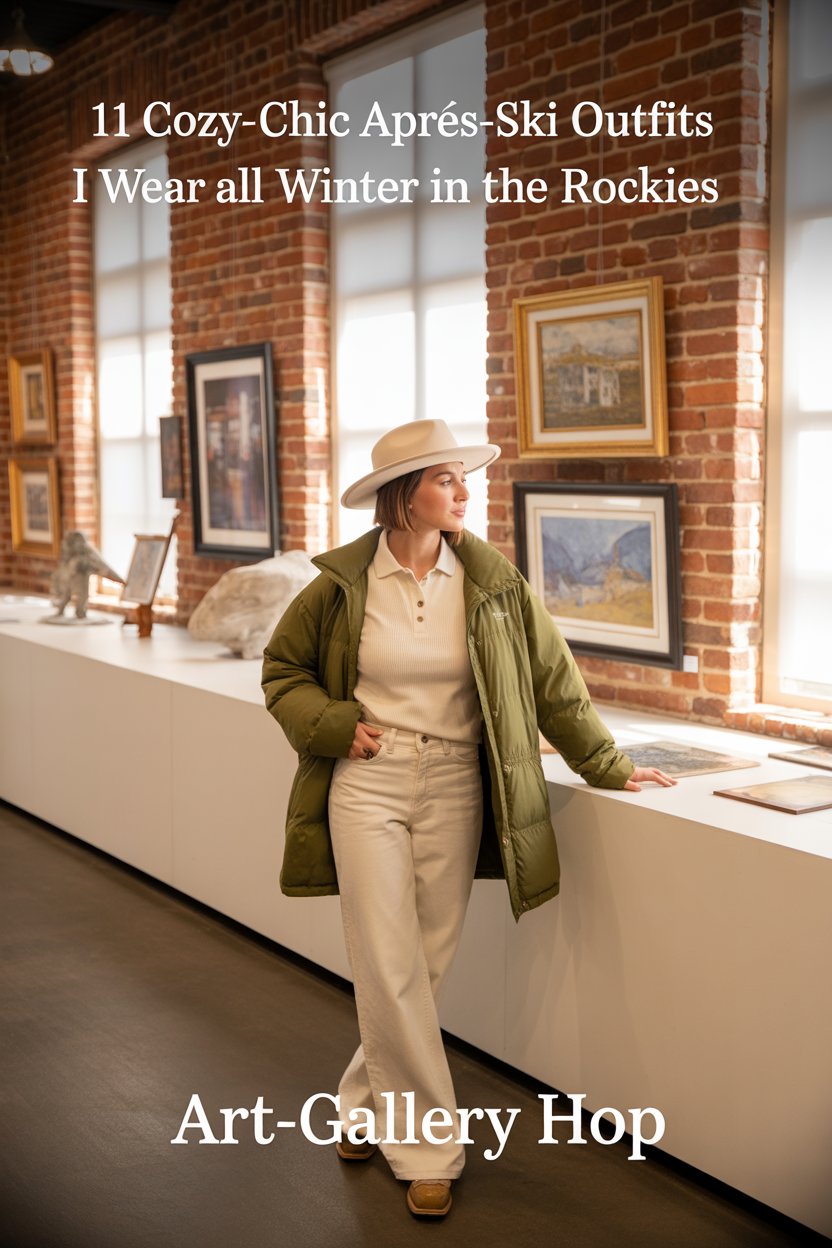 Ivory wide-leg corduroys, Bear sweater French-tucked, and a moss vest make me gallery-ready.