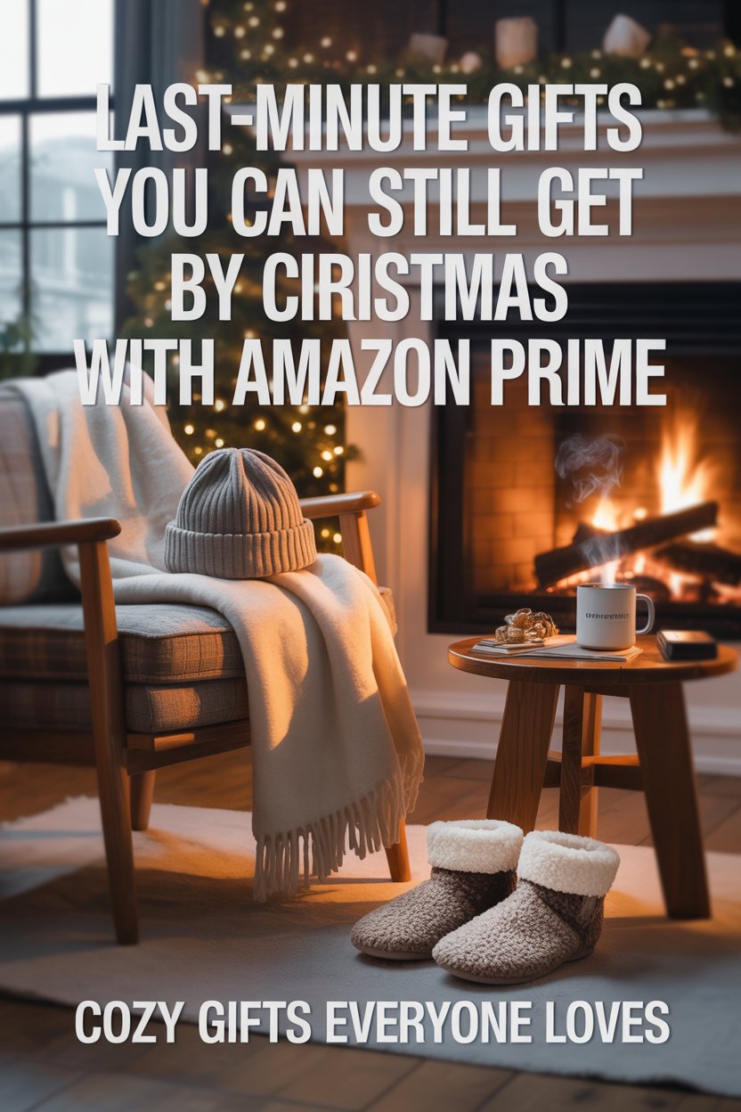 plush throw blanket, sherpa socks draped over slipper booties, steaming smart mug, fleece beanie