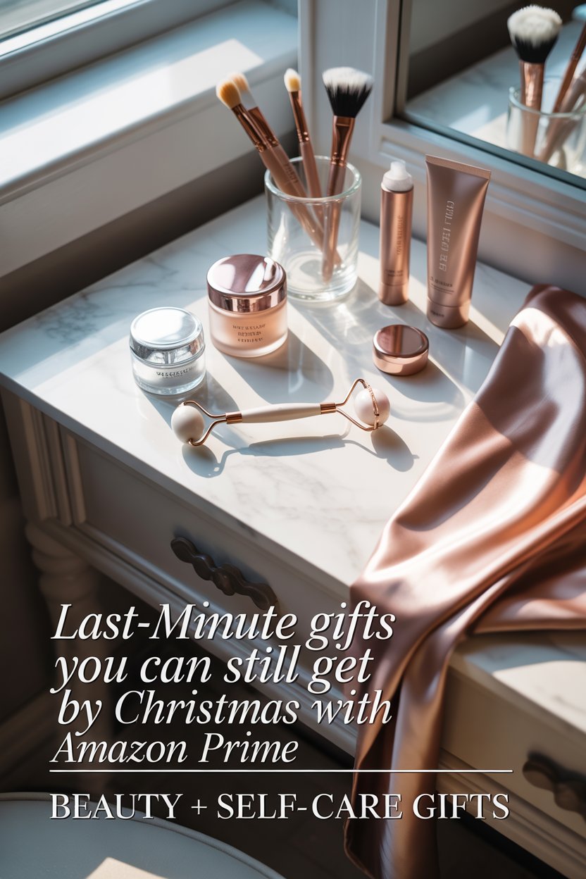 ice roller, mini skincare jars, blush satin pillowcase, hair-mask tubes, rose-gold makeup brushes