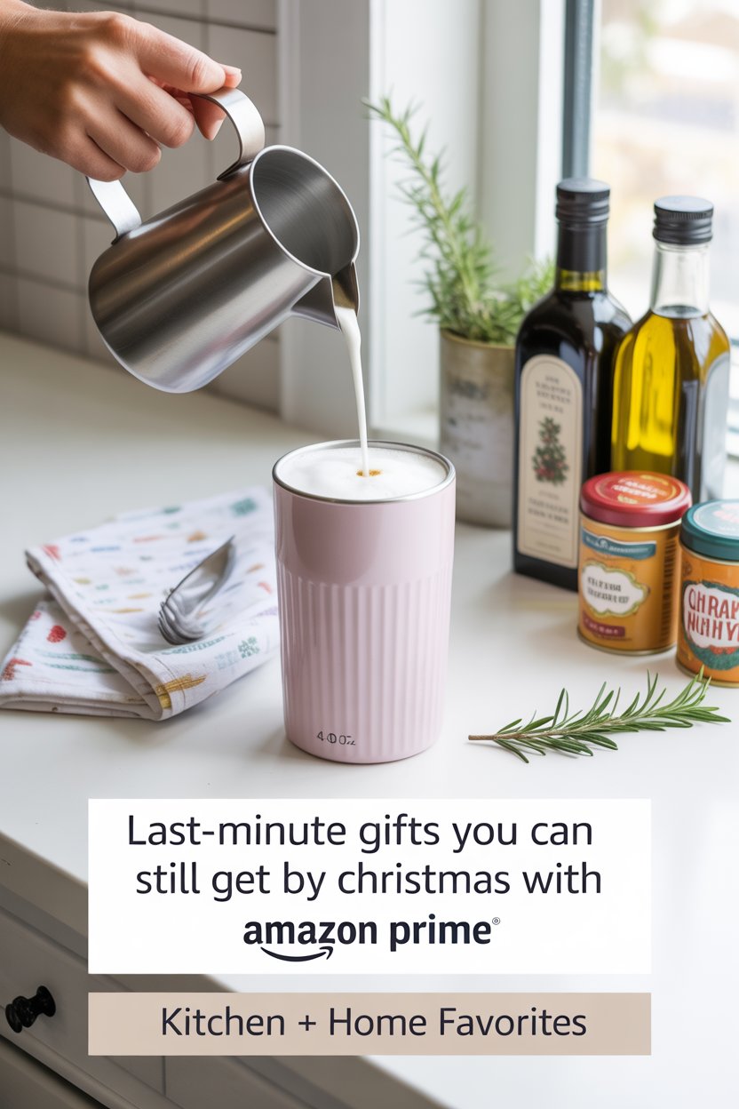 stainless milk frother whipping latte, pastel 40-oz tumbler, patterned tea towels, duo of artisanal olive-oil bottles, colorful spice tins, sprig of rosemary, bright natural light