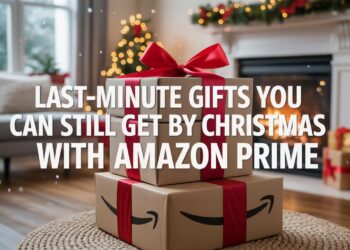 Amazon Prime boxes with red bows in cozy holiday living room, headline ‘Last-Minute Gifts You Can Still Get by Christmas with Amazon Prime
