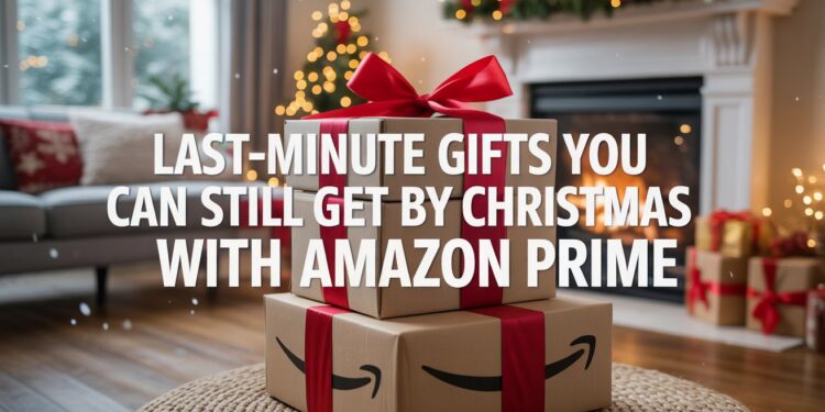 Amazon Prime boxes with red bows in cozy holiday living room, headline ‘Last-Minute Gifts You Can Still Get by Christmas with Amazon Prime