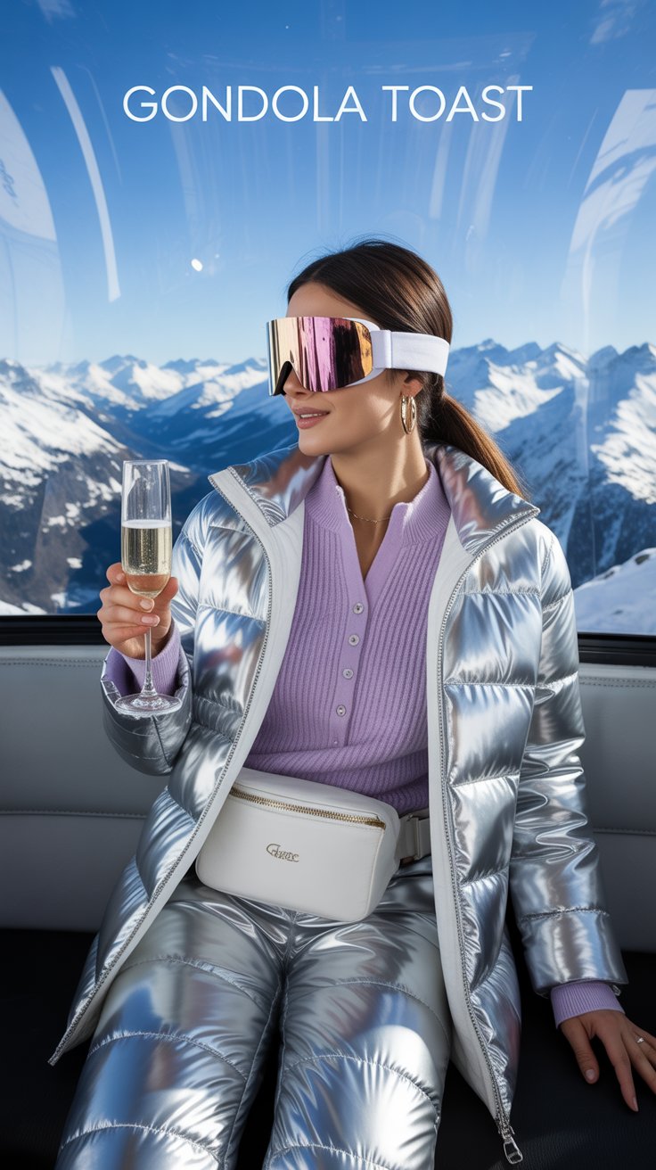 A silver quilted snow suit, half-unzipped to reveal a lilac cashmere henley, gets cinched with a white belt bag.