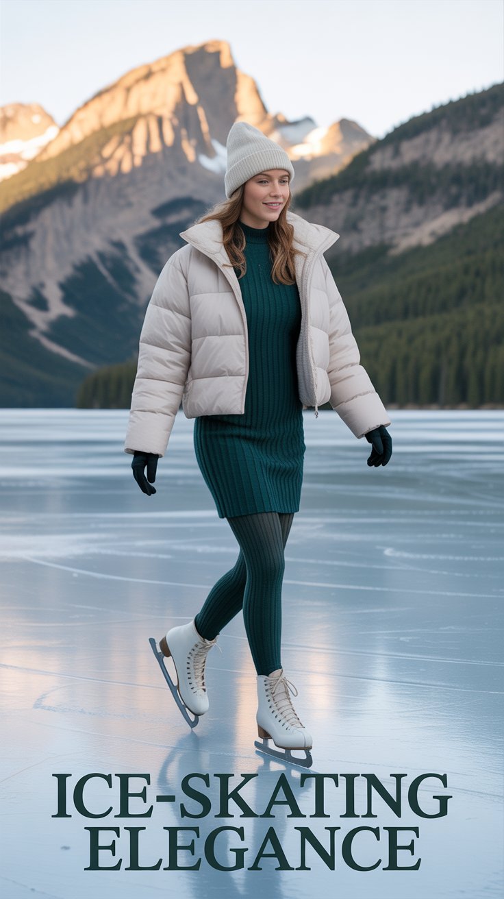 Slip on a forest-green rib-knit dress over fleece tights, add a cropped ivory sherpa jacket, and finish with white lace-up booties and a sequin head wrap.