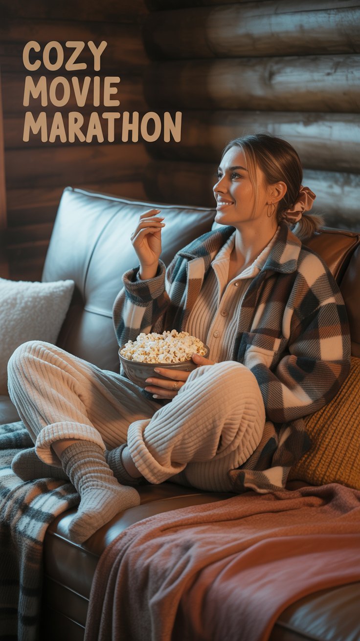 An ivory chenille lounge set under an oversized plaid shacket says “blanket, but make it fashion.” 