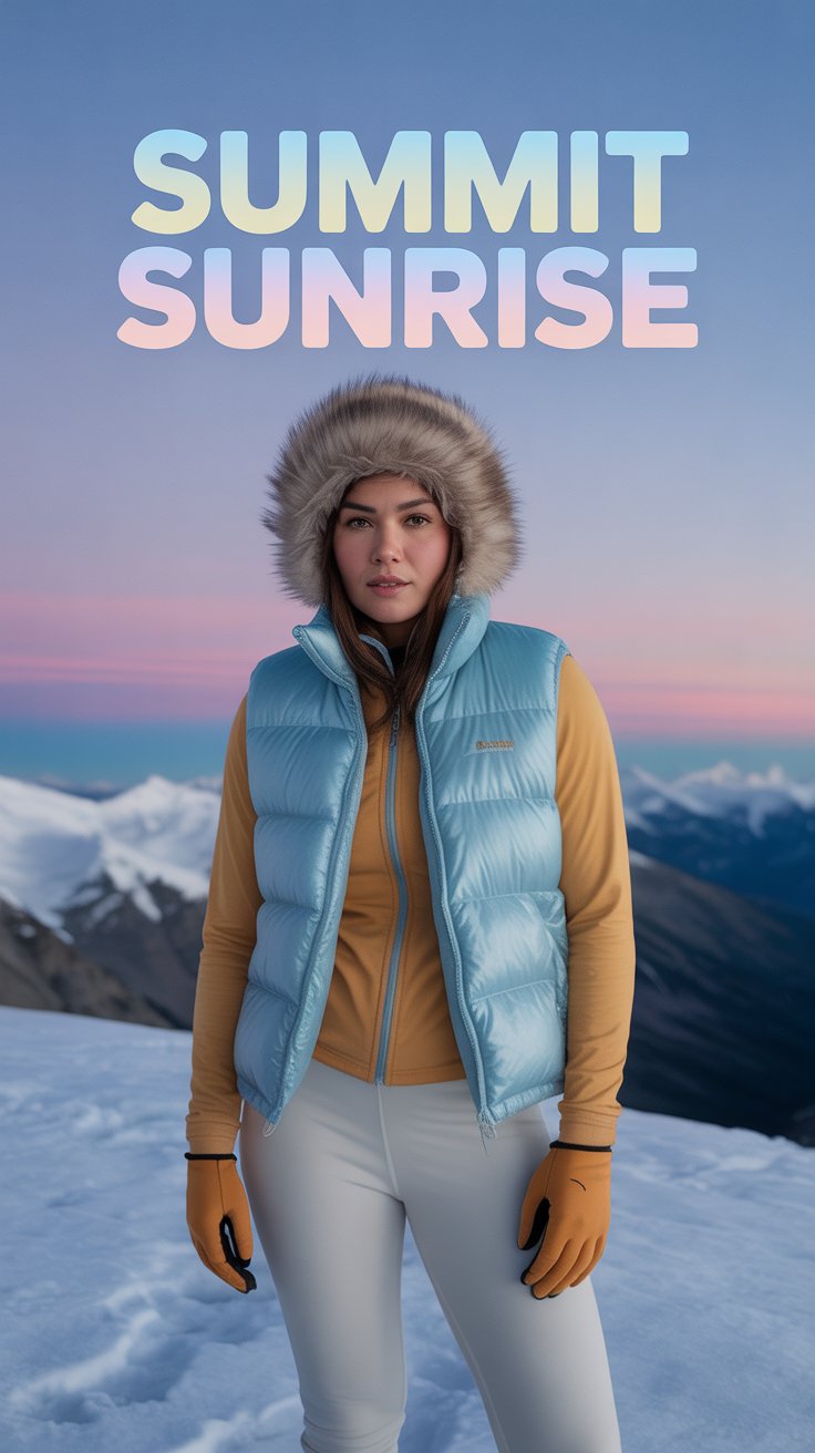 Catch first-light views in a cloud-blue down vest over a butter-yellow thermal set and white snow joggers.