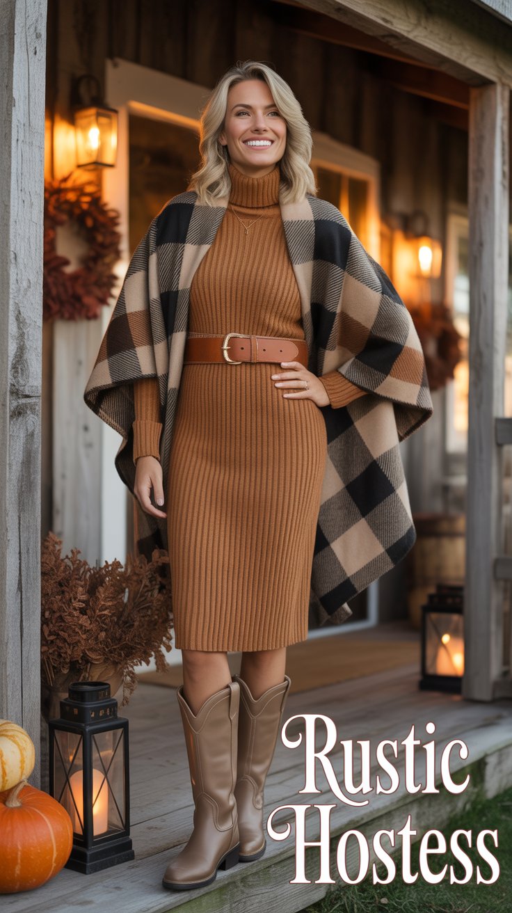 Greet guests in a caramel rib-knit sweater dress layered under a buffalo-check wool poncho and cinched with a wide cognac belt.