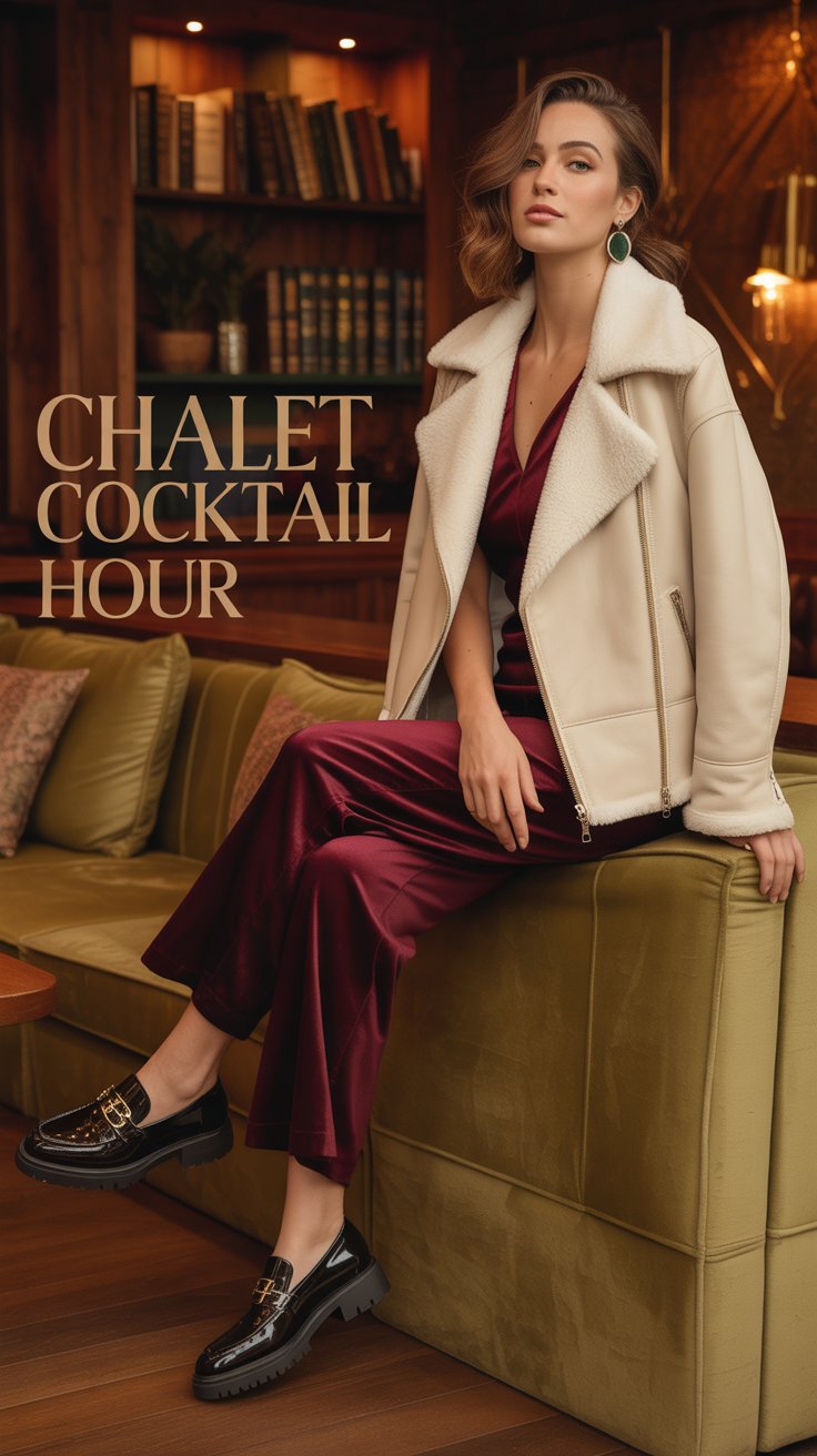 Slip into a burgundy velvet jumpsuit, layer on a creamy shearling moto, and ground the look with lug-sole patent loafers. 