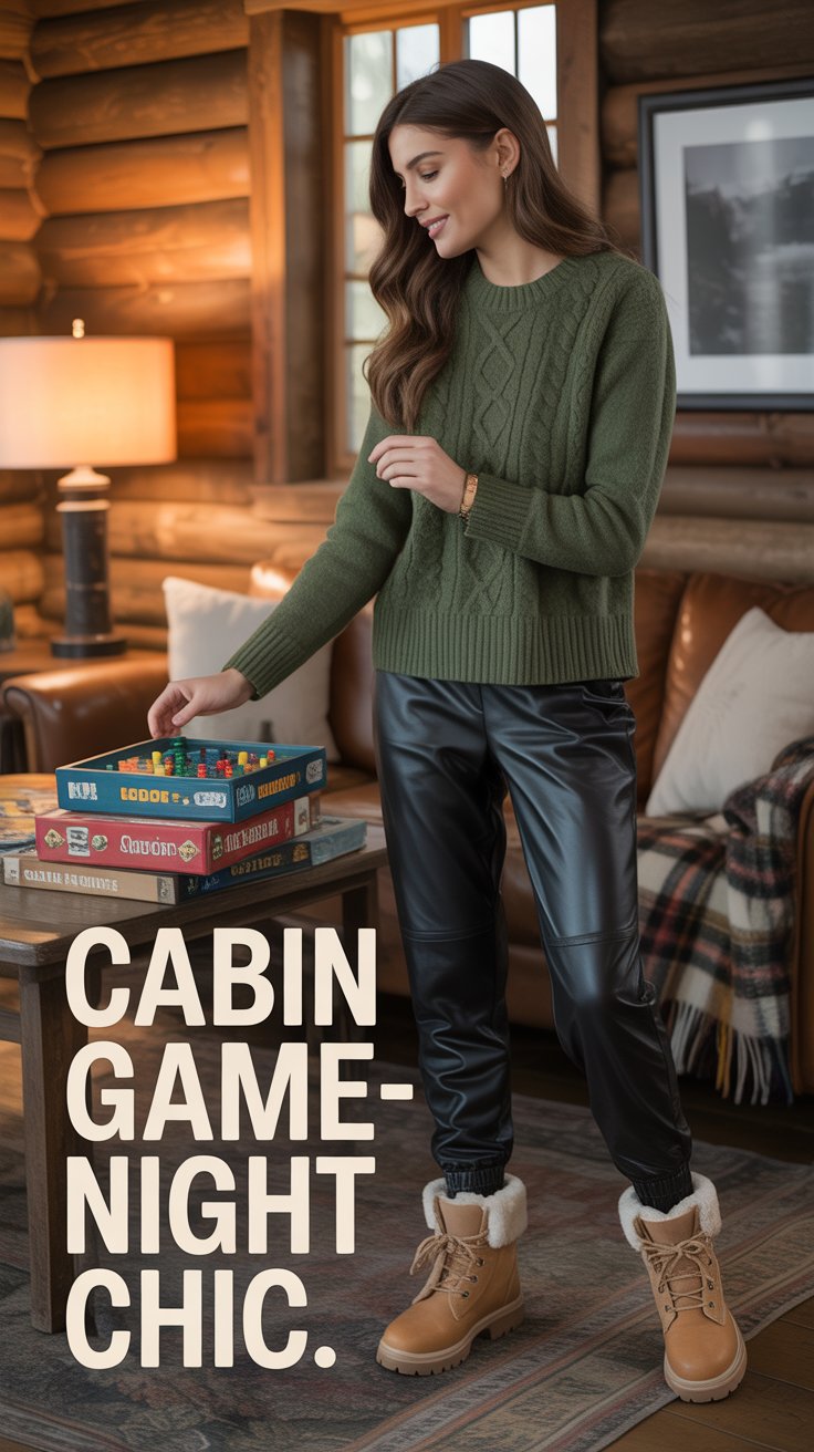 Pair a moss-green fisherman knit with black faux-leather joggers cuffed above shearling hiking boots