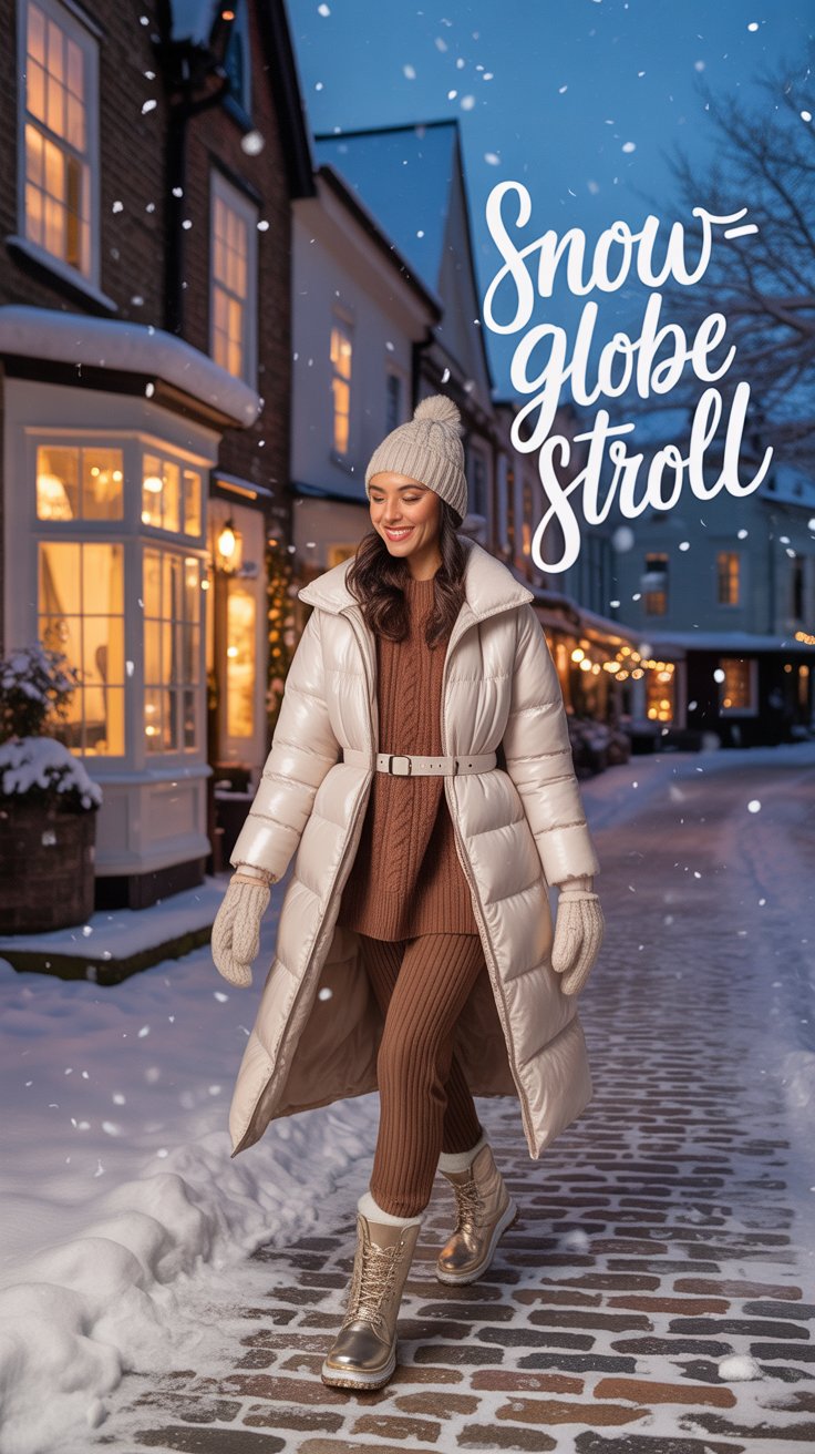 A long ivory puffer belted over a cocoa rib-knit set feels luxe yet practical.