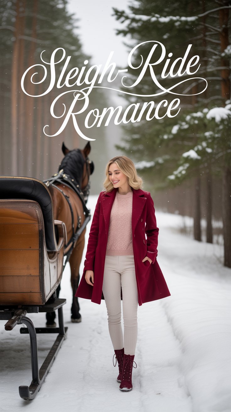 Channel storybook vibes with a cranberry fit-and-flare wool coat over a blush angora sweater and ivory corduroy skinnies.