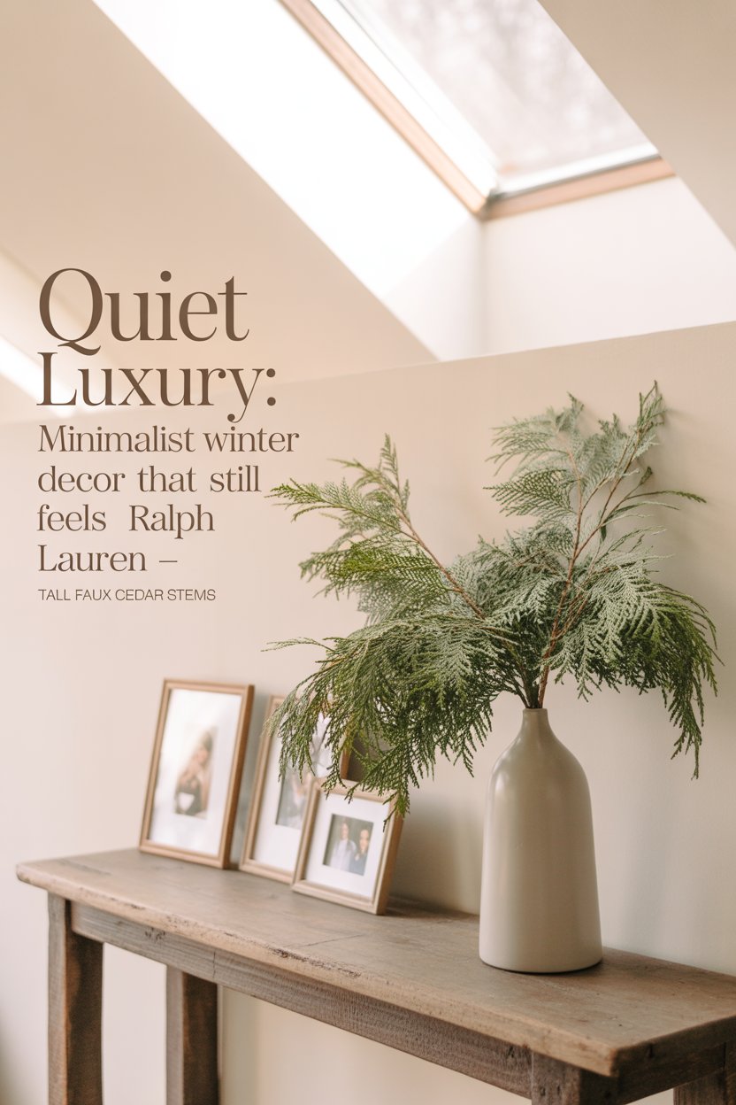 Trade busy wreaths for tall cedar or olive stems in one oversized vase.