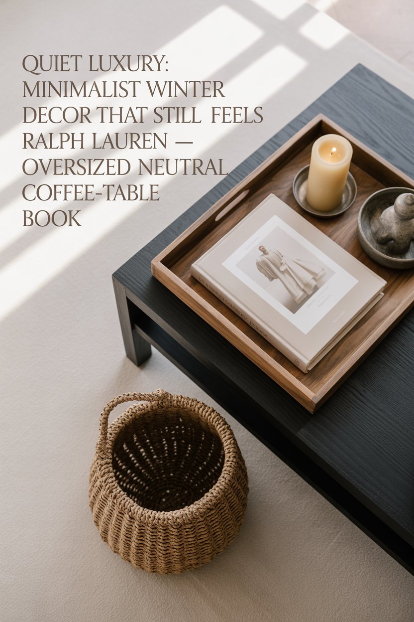 Overhead editorial flat-lay — rustic wood tray on charcoal coffee table, oversized neutral art book and ivory pillar candle, seagrass basket below, plenty of negative space, midday diffused skylight, muted winter neutrals, subtle shadow gradient, magazine look, ADD TEXT OVERLAY: ‘Quiet Luxury: Minimalist Winter Decor That Still Feels Ralph Lauren — Oversized Neutral Coffee-Table Book’ upper-left, small taupe serif, drop shadow