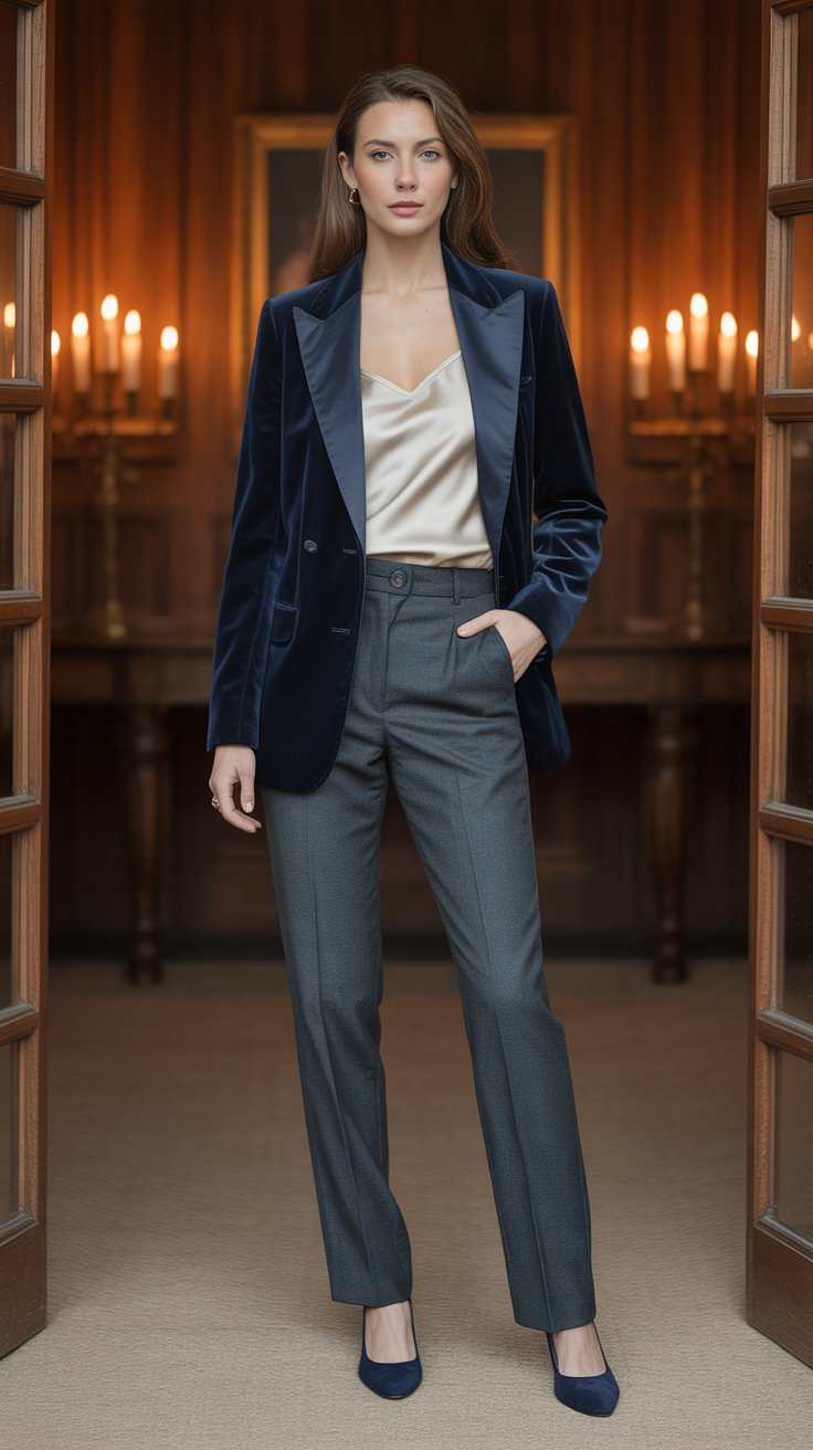 Slip into a structured velvet blazer in midnight navy or forest green.