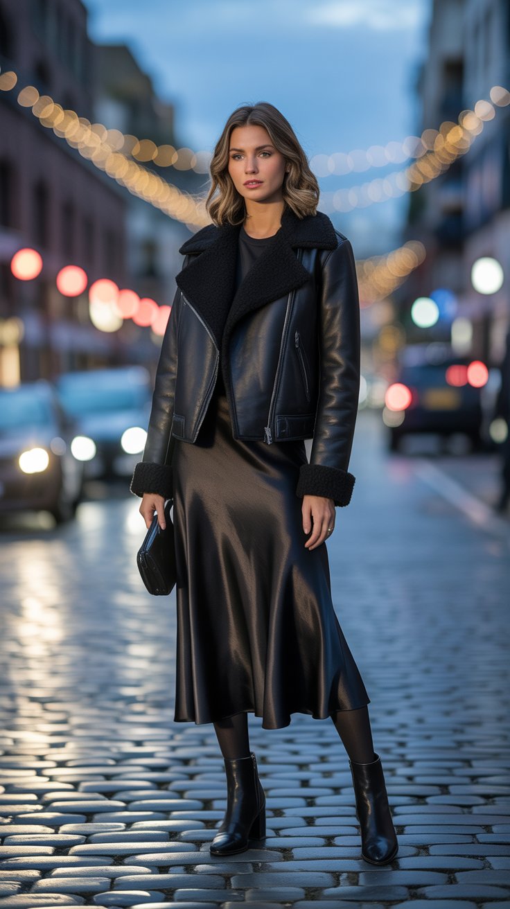 Contrast a rugged shearling-collar leather moto with a bias satin midi. 
