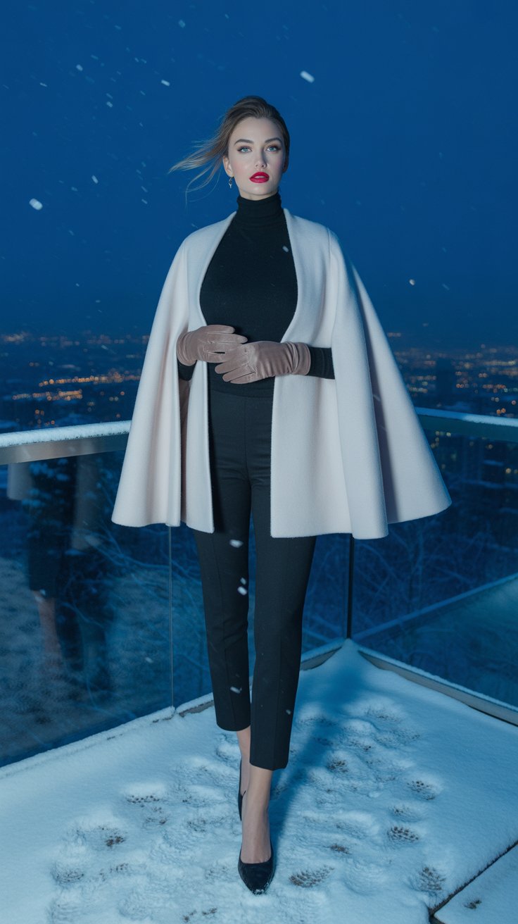 An ivory wool cape drapes effortlessly over a slim black turtleneck and cigarette pants.