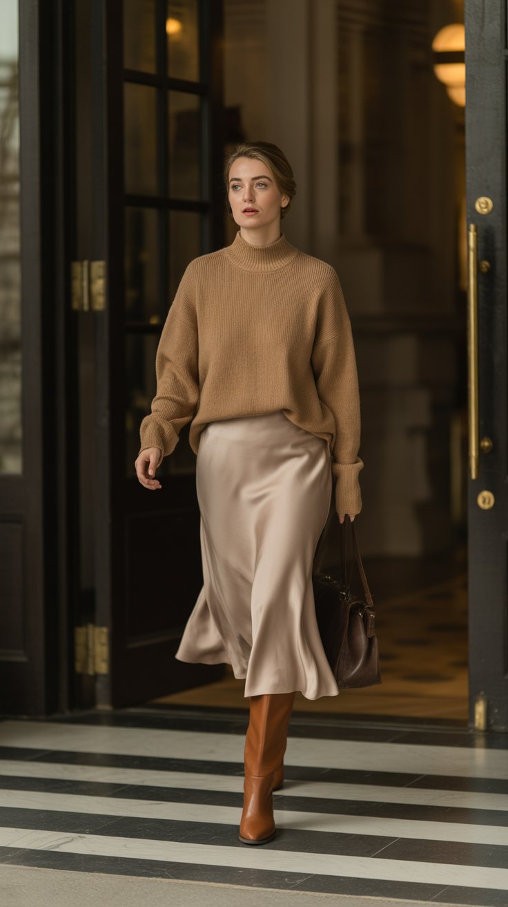 A camel or charcoal cashmere mockneck skims the body without bulk.